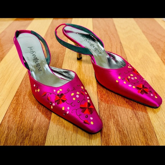 VINTAGE 1990s YVES SAINT LAURENT YSL PINK SILK EMBROIDERED SLING BACK HEELS 7M - Picture 1 of 7
